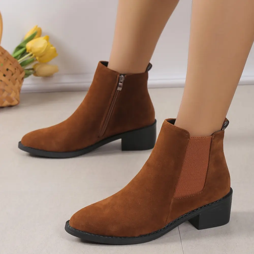 Women's Fashion Ankle Boots with Side Zipper Chunky Heel