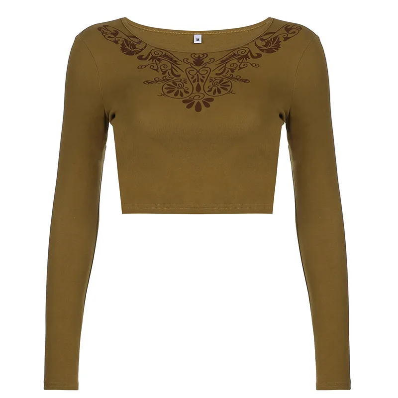 Street Hot Rhinestone Print Hit Colour Cropped Short Long-sleeved Top - Khaki