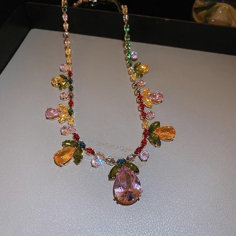 Colorful Sparkling Diamond Flower Leaf Water Drop Pendant Necklace Earring Set - Jewelry & Watches