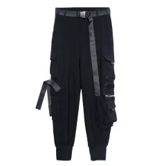 WLS Multi Pockets Ribbons Cargo Pants - Black - View 1