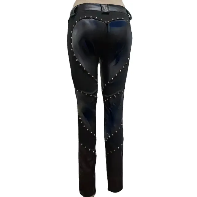 New Women's Riveted PU Leather Pants Solid Casual Black - Shop at LoveMi