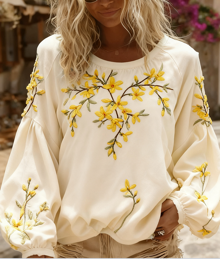 Women's Vintage Rose Print And Floral Applique Embroidery Casual Crew Neck Shirt