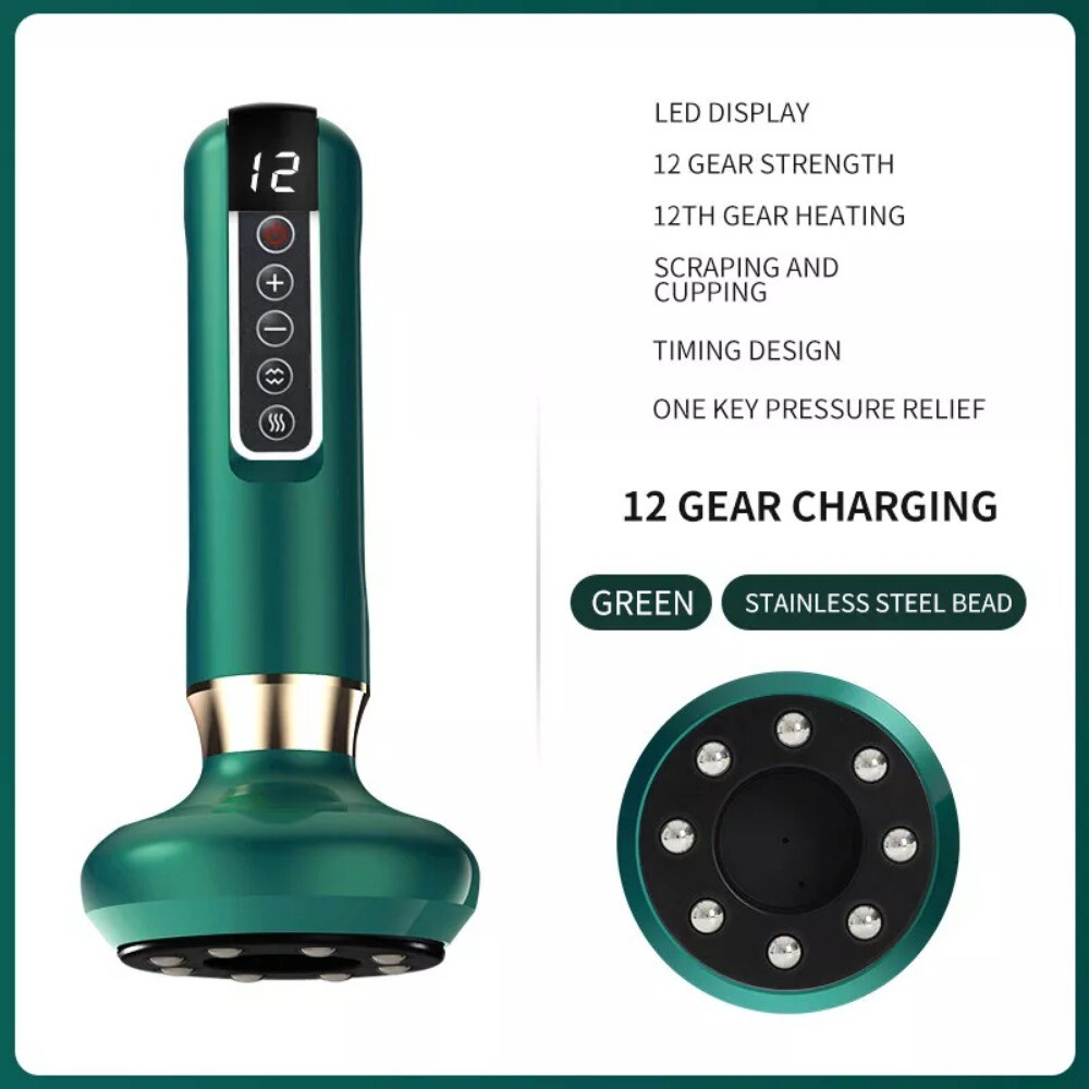 12 Levels Electric Cupping Massager Vacuum Suction GuaSha Anti Cellulite Beauty  Green