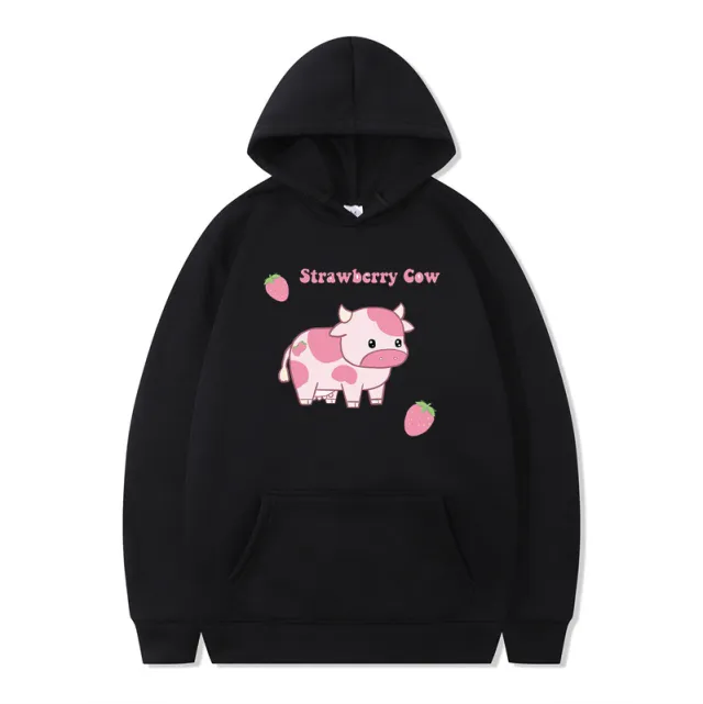 Strawberry Milk Print Long sleeved Hoodie Black - Shop at LoveMi