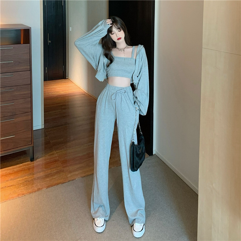 Loose Hooded Cardigan Sling High Waist Long Pants Casual Suit