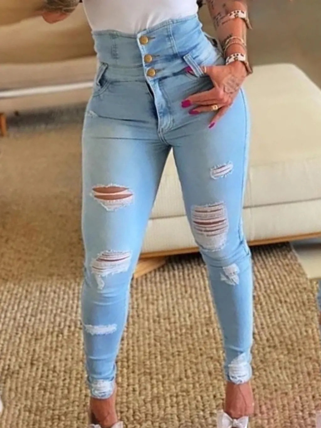High Waisted Button Slim Fit Ripped Jeans - Made Of Light Blue Old Denim Fabric With Built-in Zipper, Elastic And Breathable, Street Style Jeans, H...