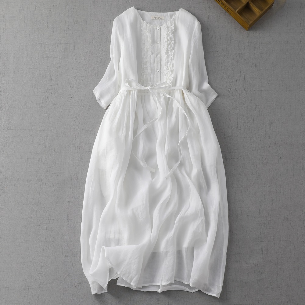 Vintage Linen Round Neck Double Layer Tie Waist Flowy Midi Dress, Spring Summer Women's Lightweight Travel Dress