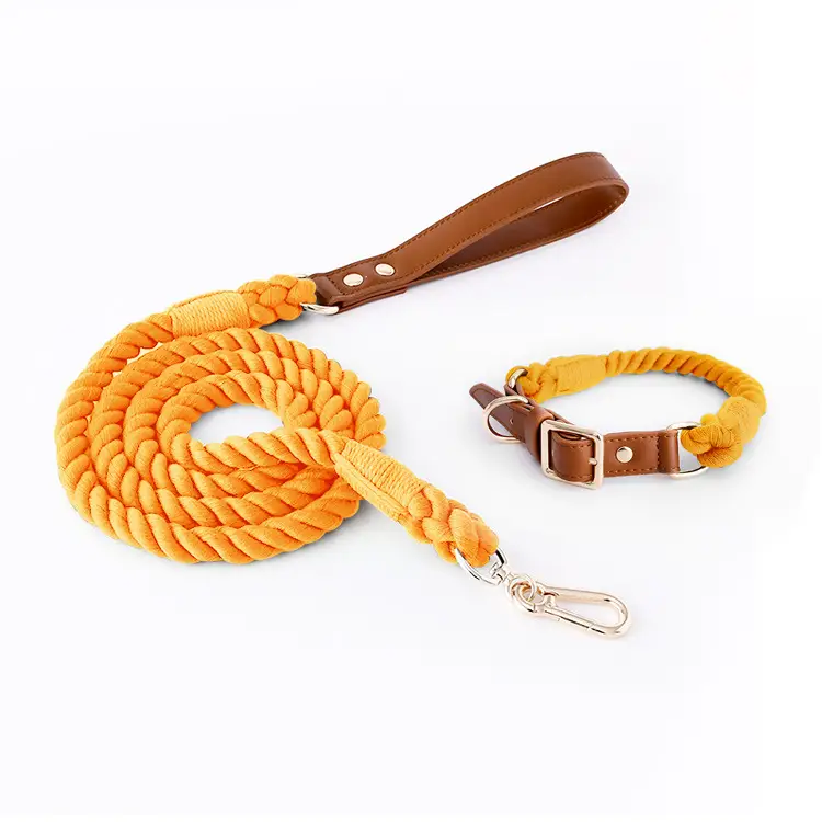Woven Cotton Rope Leather Pet Dog Collar Suit