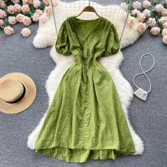 French Gentle V-Neck Fashion A-Line Dress - Green - View 1
