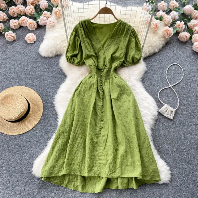 French Gentle V Neck Fashion A Line Dress Green - Shop at LoveMi