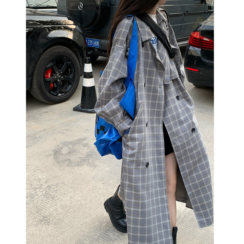 Women's Loose Plaid Double-breasted Trench Coat Jacket