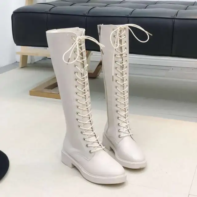 Ladies Autumn And Winter Mid tube White Riding Boots Beige - Shop at LoveMi