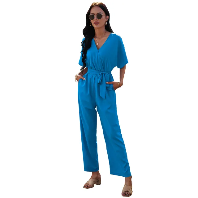 European And American V neck Women's Tie Waist Solid Color Jumpsuit Black - Shop at LoveMi
