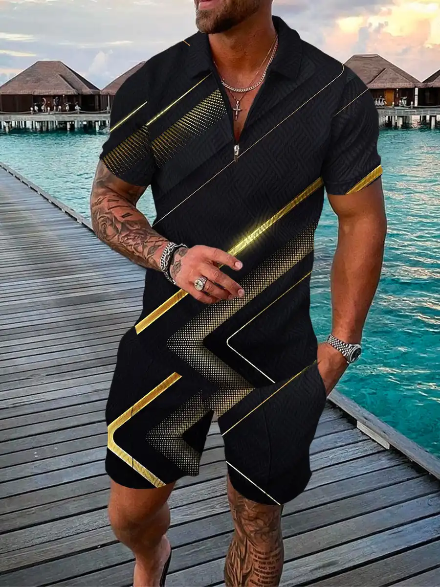 Men's Summer Fashion 3D Printed Short Sleeve Geometric Zip Lapel Shirt Set