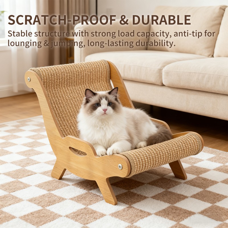 51.5-32-35cm Sisal Cat Scratcher Lounge Chair, Wooden Frame -Sisal Scratching Surface, 2-in-1 Scratching & Lounging