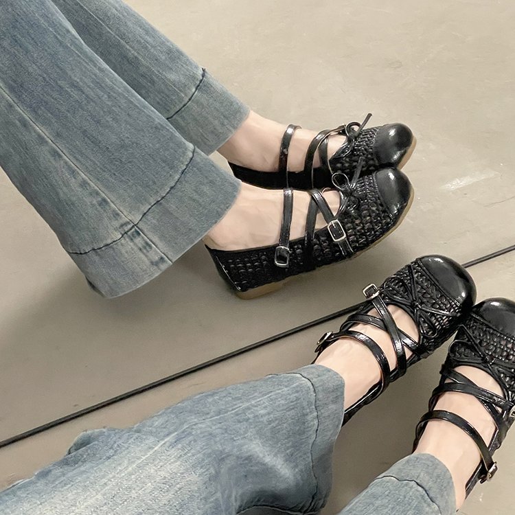 Women's Hollow Woven Mary Janes, New Summer Bow Ballet Flats, Dress Matching Pumps