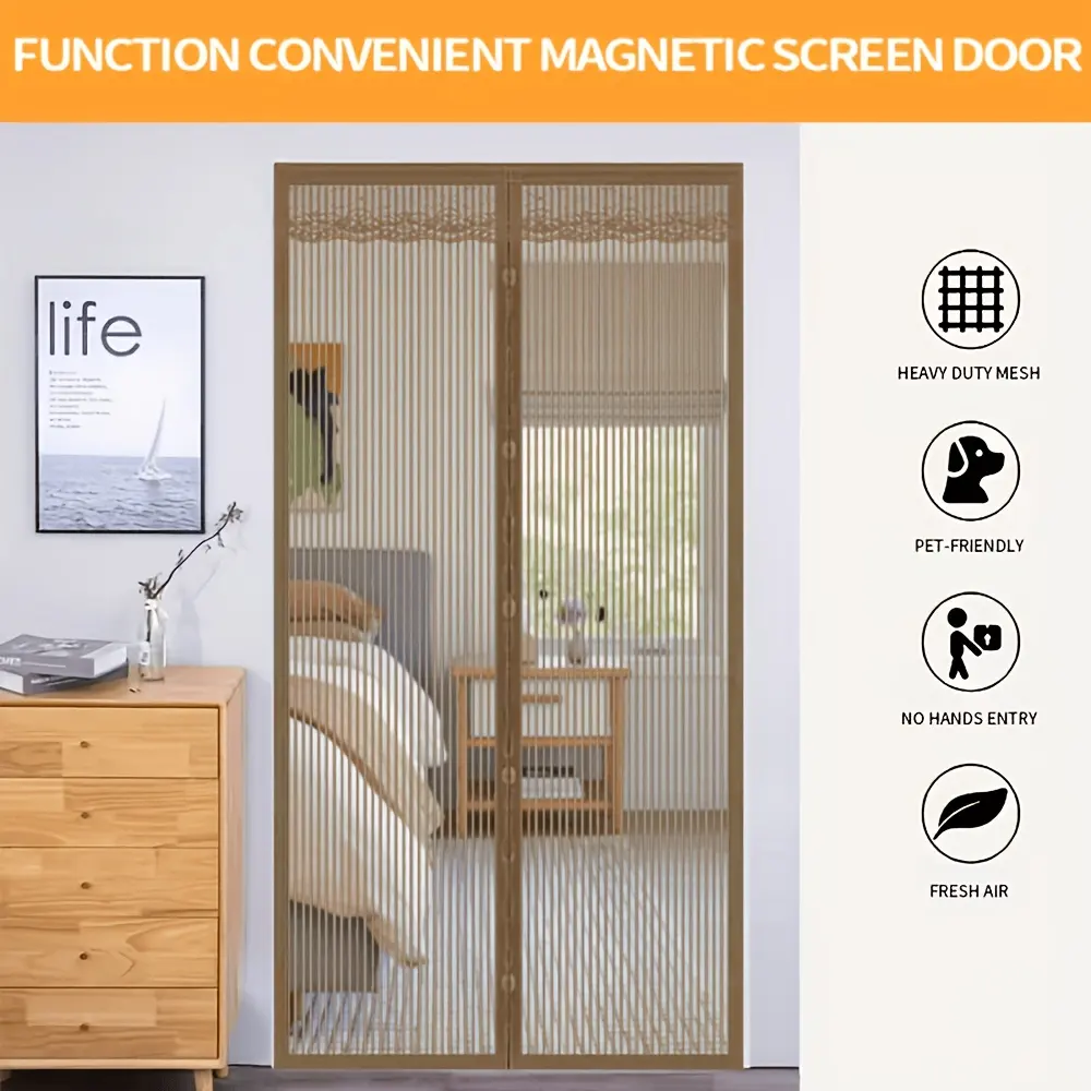 A Brown Magnetic Door Curtain, Breathable Mosquito-proof