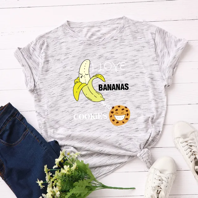 Women's Spoof Banana Letters Loose Crew Neck Short Sleeve T Shirt Meteor White - Shop at LoveMi