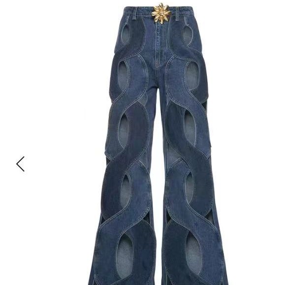 Women Streetwear Cutout Hollow Out Criss Cross Straight Flare Denim Pants - Image 1