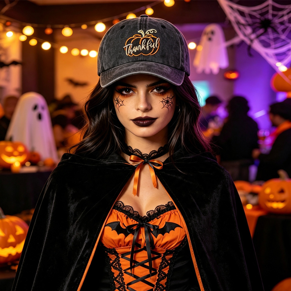 2pcs Thankful Pumpkin Embroidered Baseball Cap, Vintage Washed Black Hat, Halloween Costume Accessory