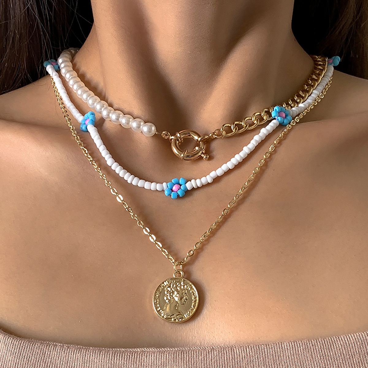 European And American Bohemian Style Small Daisy Flower Rice Bead Necklace