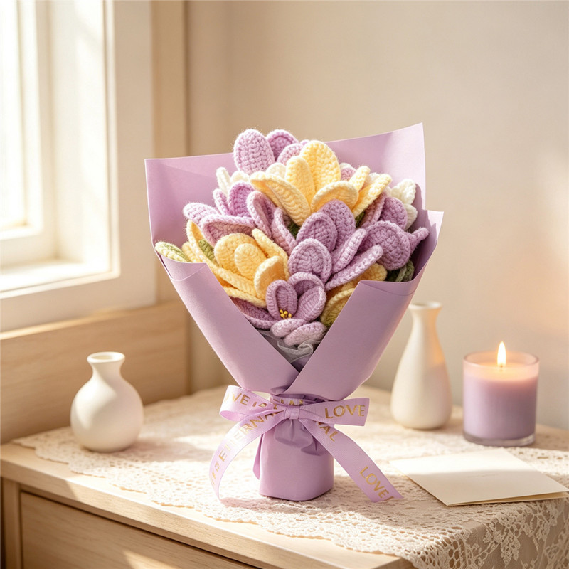Handmade Crochet Tulip Bouquet, Everlasting Soft Yarn Crochet Purple Yellow Mixed Tulip Flowers, Eternal Handmade Crochet Floral Ornament For Home Decor, Anniversary, Birthday & Holiday Gifts product image