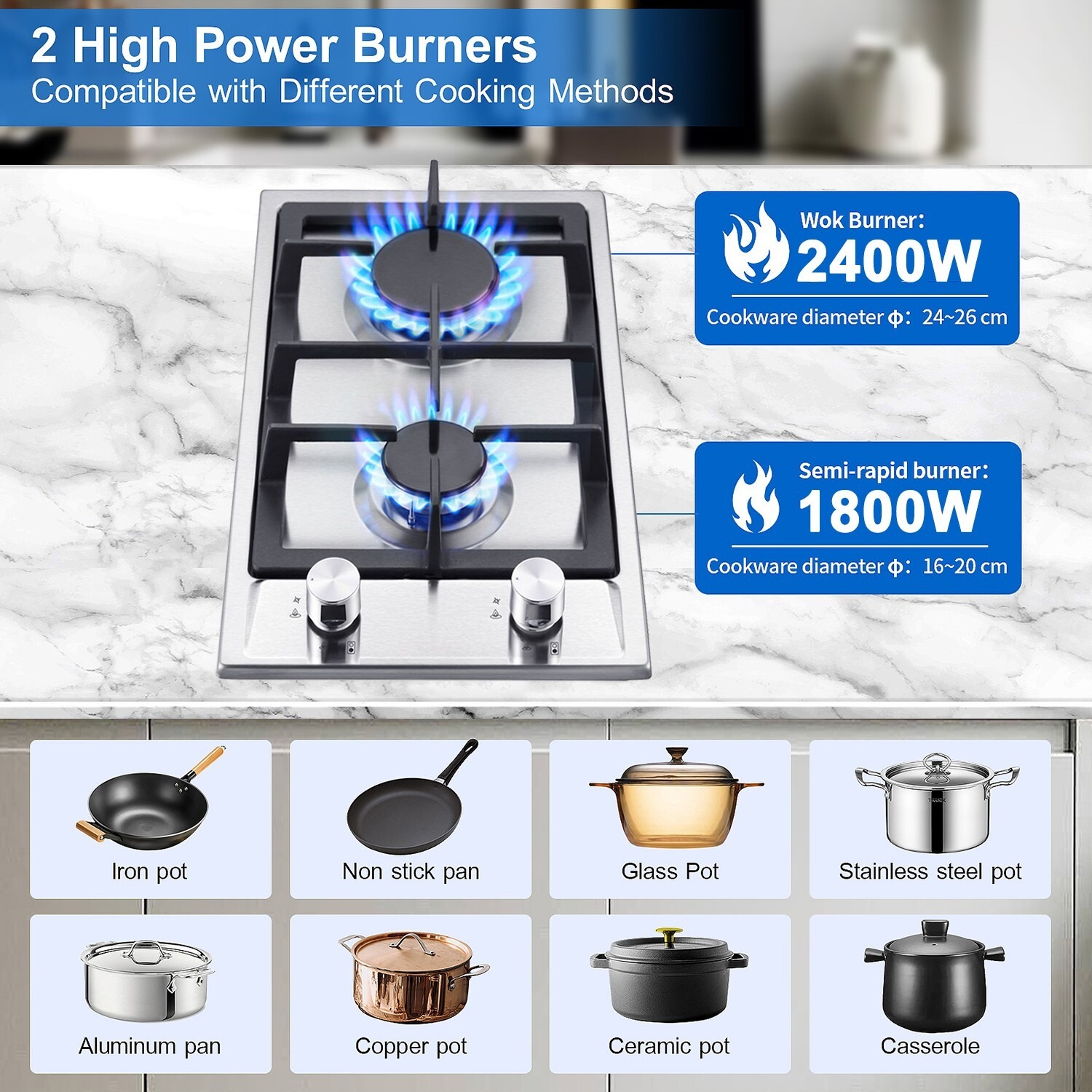 2 Burner Gas Hob 30cm Stainless Steel Kitchen Built In Cooktop NG LPG — image 9