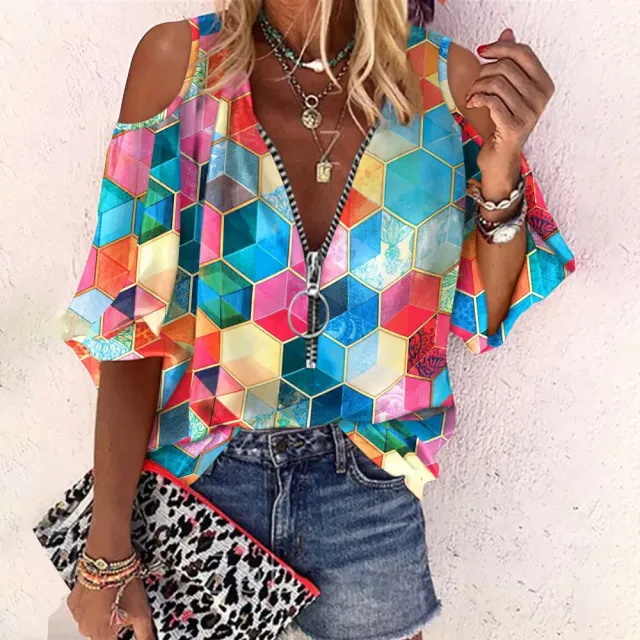 Women's V Neck Zip Off Shoulder Loose Casual Shirt Picture Color Xxl - Shop at LoveMi