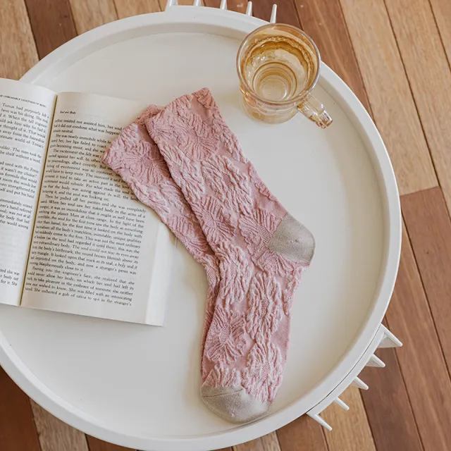 Rose Sweet Scented Vintage Embossed Floral Embroidered Mid calf Socks Embossed Pink Flowers - Shop at LoveMi