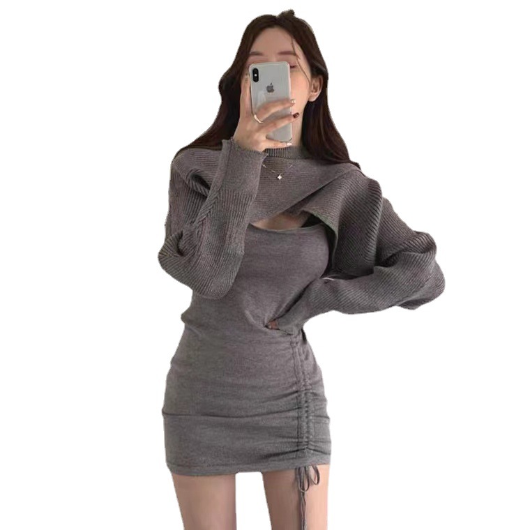Irregular Short Sweater Hip-drawstring Adjustable Dress