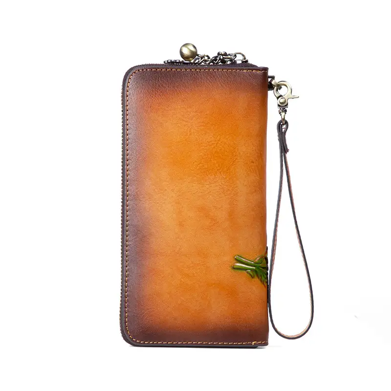 Long Leather Wallet with Zipper Closure and Floral Embossed Design