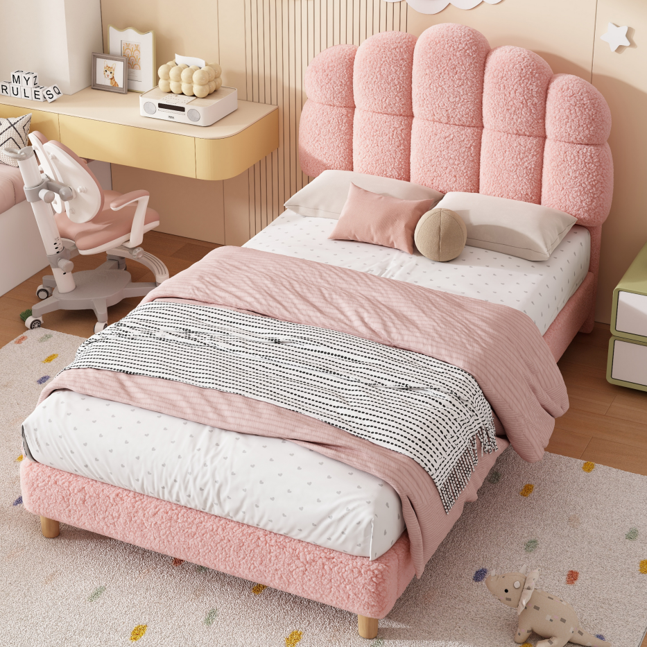 3ft Single Boucle Upholstered Bed Frame With Cloud Shaped Headboard, Adjustable Headboard & Solid Wood Legs, Sturdy Supp