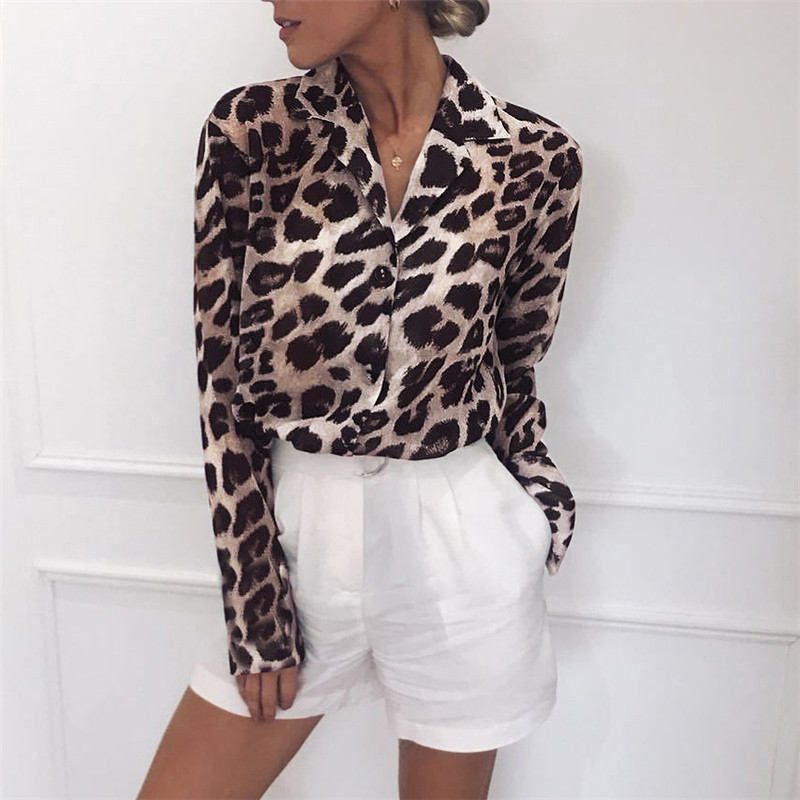 Vintage Blouse Long Sleeve Leopard Print Blouse Turn Down Collar Office Shirt Tunic Casual Loose Tops