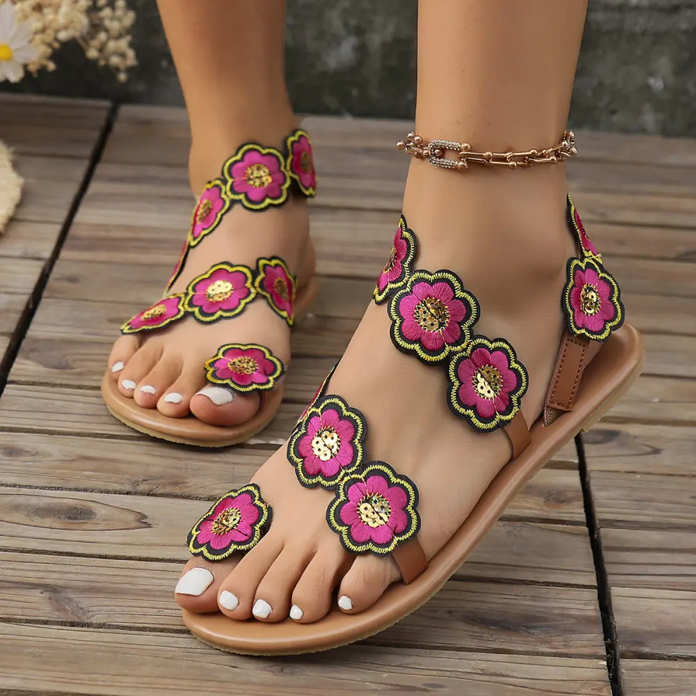 Ethnic Style Flowers Flat Sandals Summer Vacation Casual Clip