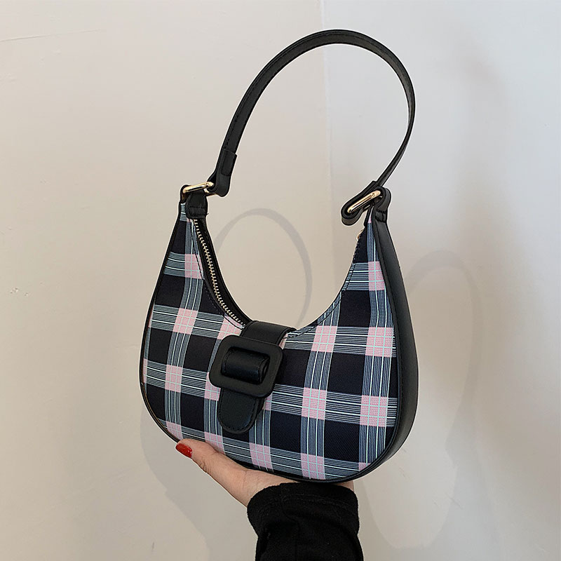 Plaid Underarm Bag Fashion French Niche Baguette Messenger Bag Black - Shop at LoveMi