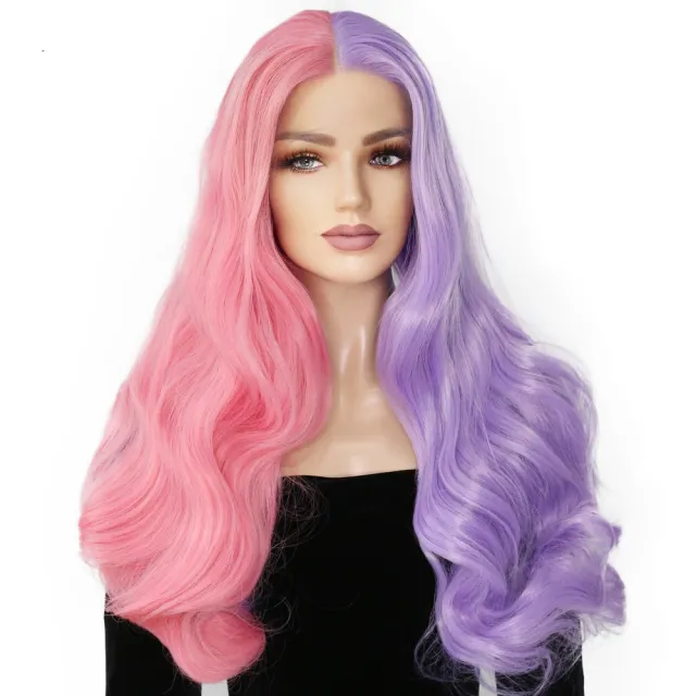 Ladies Two tone Long Curly Hair Lace Wig Pink Purple - Shop at LoveMi