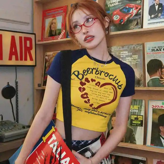 American Love Graffiti Short Sleeve T shirt Women's Contrast Short Style Navy - Shop at LoveMi