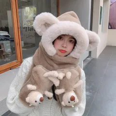 Rabbit Fur Warm Scarf Hat Gloves Three-piece Suit Ladies Thickened Bib Set - Camel - View 1