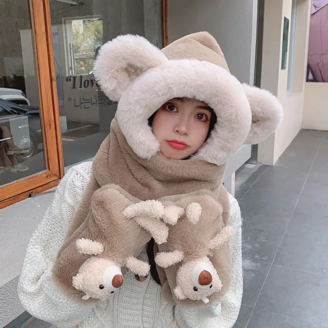 Rabbit Fur Warm Scarf Hat Gloves Three piece Suit Ladies Thickened Bib Set Camel - Shop at LoveMi