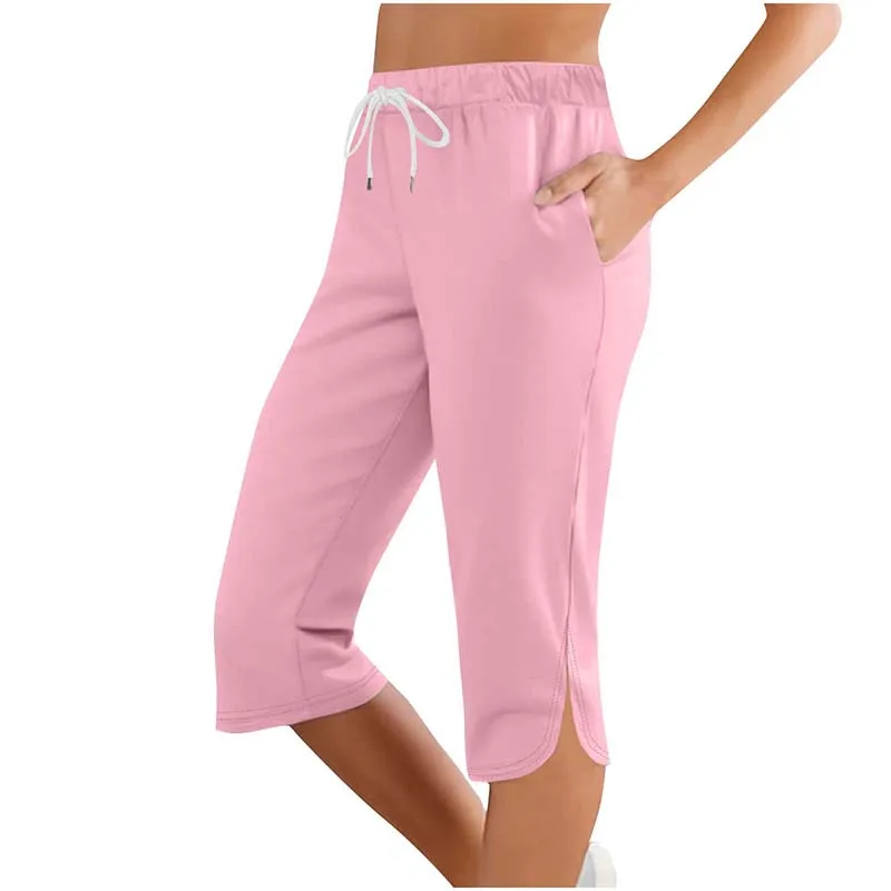 Women's Capri Leggings Drawstring High Waisted Sweatpants Lounge Running Gym Short With Pockets - Pink