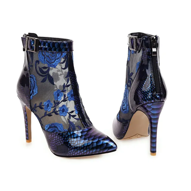Pointed Ankle Boots Ladies Fashion Printed Shoes Thin Heel Buckle Zipper Blue - Shop at LoveMi