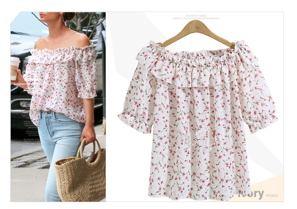 Floral Ruffled Off-shoulder Chiffon Shirt Fat Mm One-shoulder Blouse Women