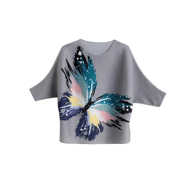 Women's Summer Butterfly Print Top Casual Loose T Shirt Grey - Shop at LoveMi