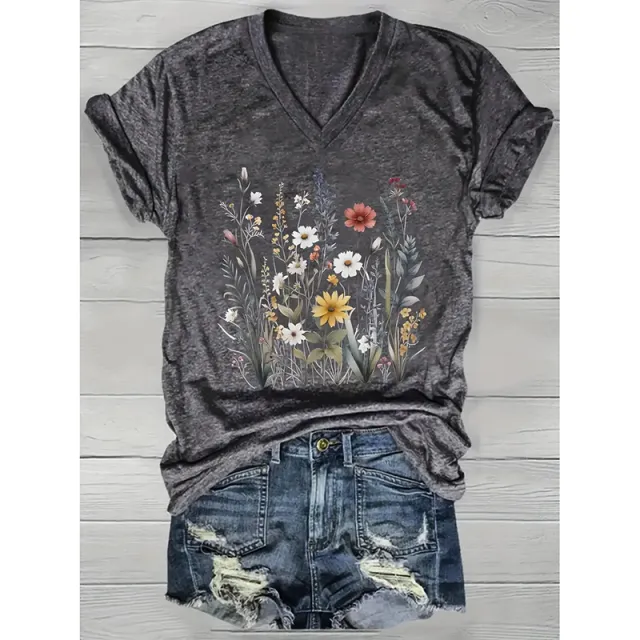 Women's Boho Flower T Shirt Vintage Colorful Wildflower Graphic Tee Casual Botanical Short Sleeve Dark Gray - Shop at LoveMi