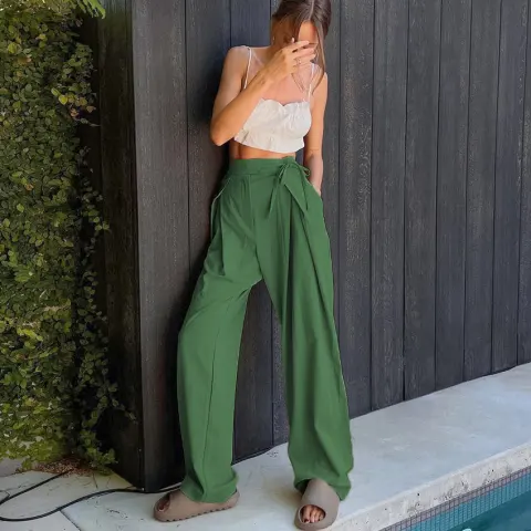 Fashion Casual Solid Color High Waist Drawstring Loose Straight