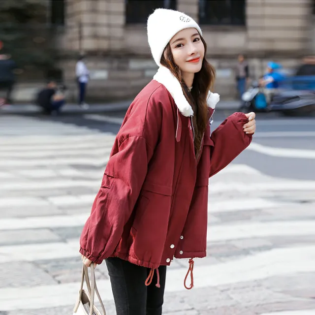 Lamb Wool Coat Tooling Padded Plus Velvet Thick Padded Jacket Wine Red Plus Velvet - Shop at LoveMi