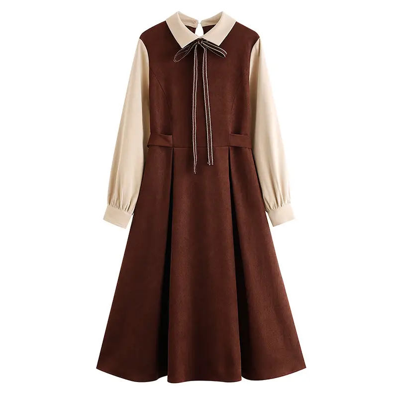 French Retro Temperament Color Matching Long-sleeved Dress