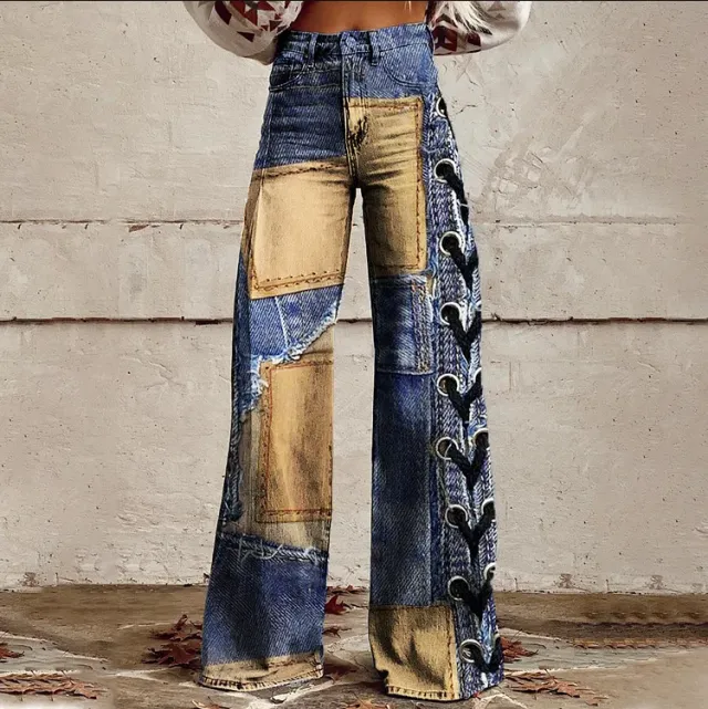Ursime Patchwork Allover Pattern High Rise Wide Leg Pants Blue - Shop at LoveMi