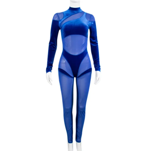 New Women's Mesh Sheer Fleece High Waist Bodysuit Trousers Blue - Shop at LoveMi