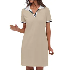 Women's Polo Dress Short Sleeve V Neck Casual Summer Mini Shirt Dress With Pockets - Khaki - View 1